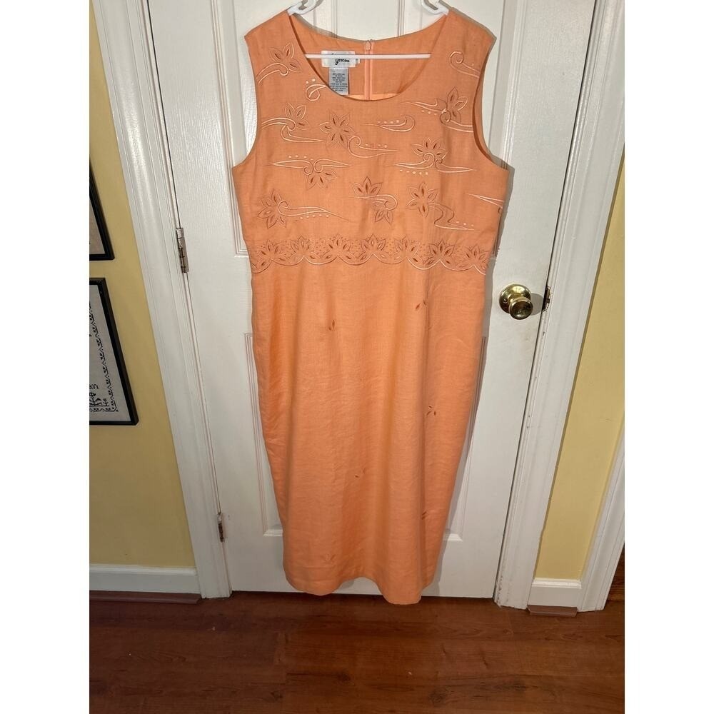 Ann Gerlin 100% Linen Peach Sleeveless Shift Dress w/ Floral Accents size‎ 16